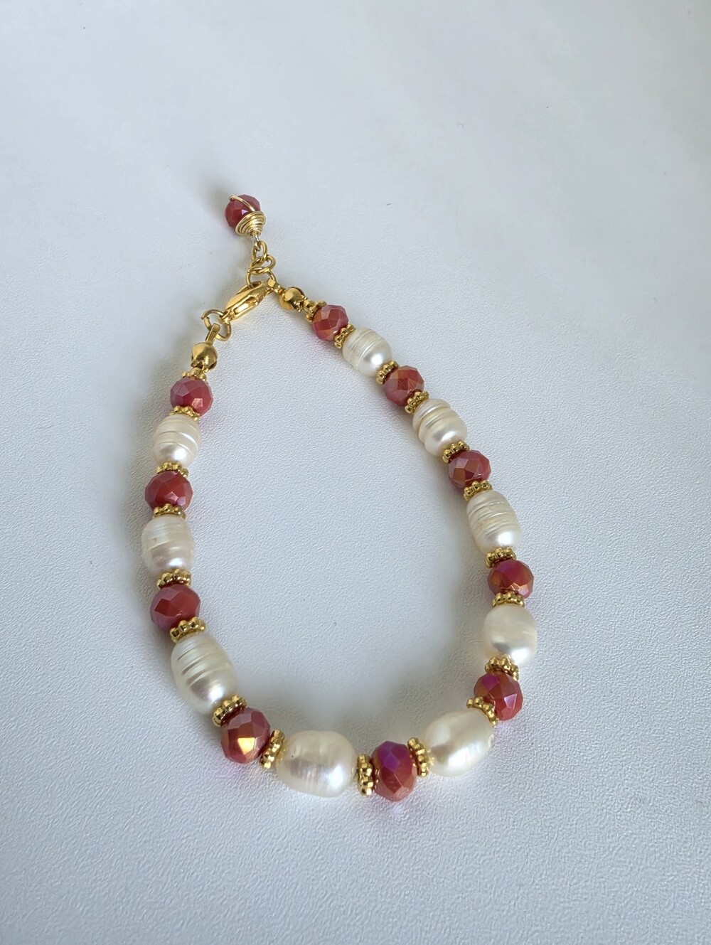 Freshwater Pearl & Pink Crystal Beaded Bracelet 8" Gold Tone Handmade